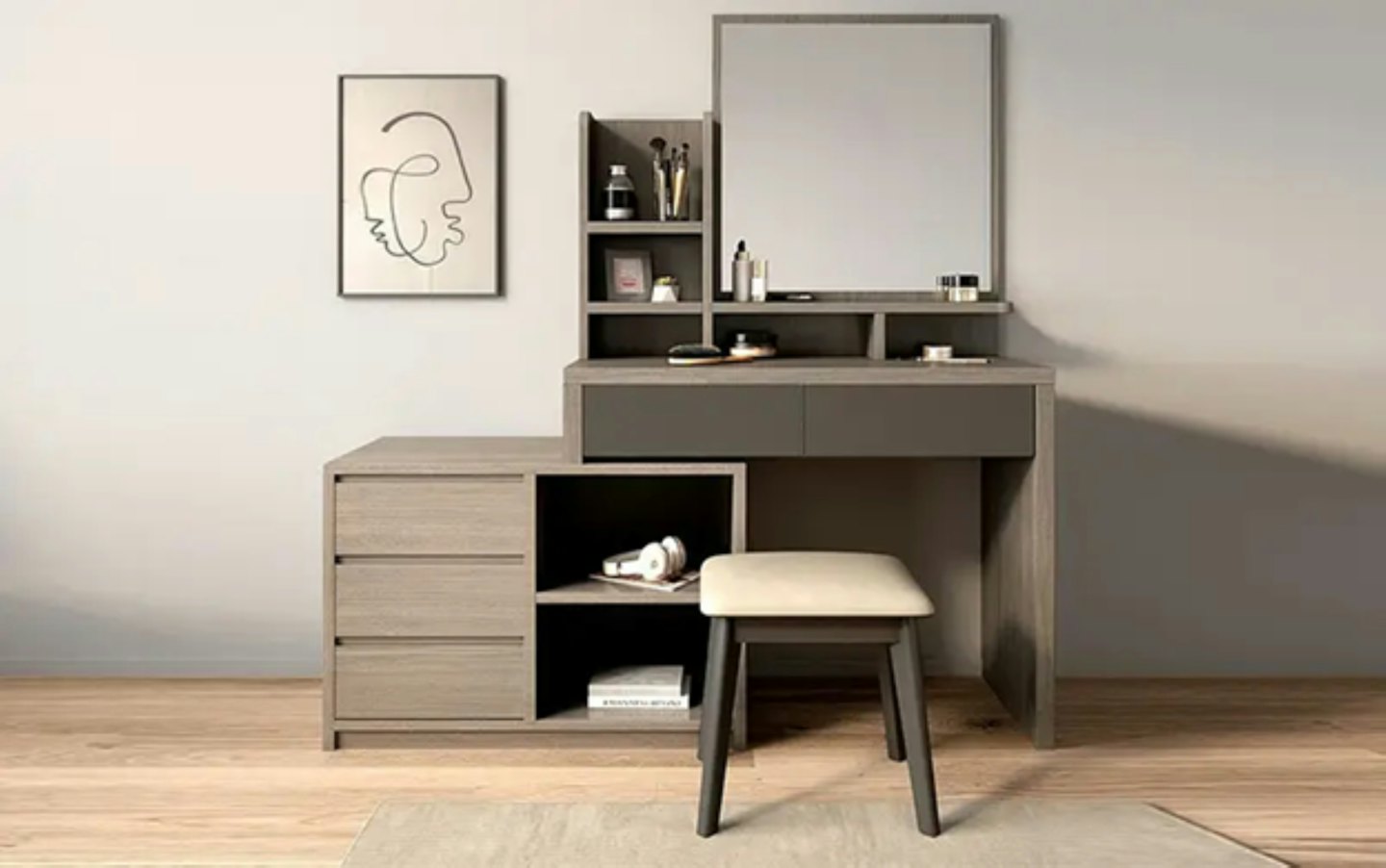 Modern wooden vanity desk with beauty products and a mirror.